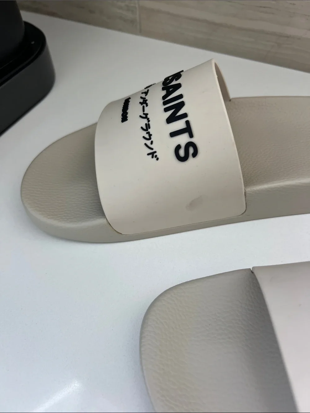 ALLSAINTS underground logo open toe slip on slider sandals cream light gray 42